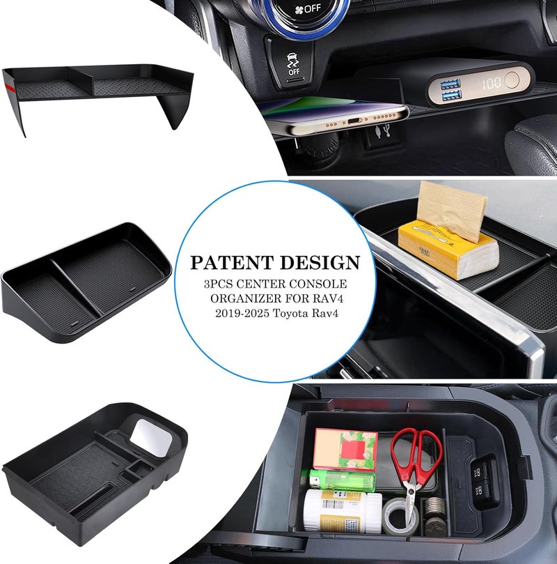 DIAMOOKY منظم كونسول مركزي مطور متوافق مع تويوتا RAV4 2025 2024 2023 2022-2019 ملحقات داخلية، صندوق تخزين مسند الذراع، صينية تخزين لوحة القيادة (غير متوافق مع شاشة الوسائط المتعددة الجديدة 10.5 بوصة) - 3 قطع - Image 2